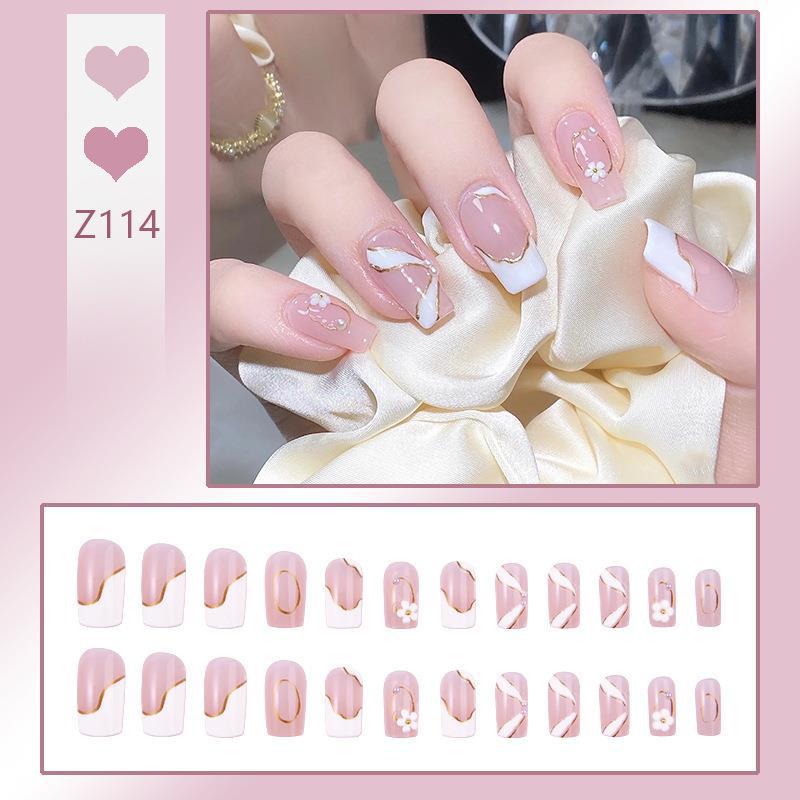 初秋穿戴甲溫柔裸色飄帶美甲描金鉆款小花甜酷假指甲成品美甲批發(fā)OEM代加工